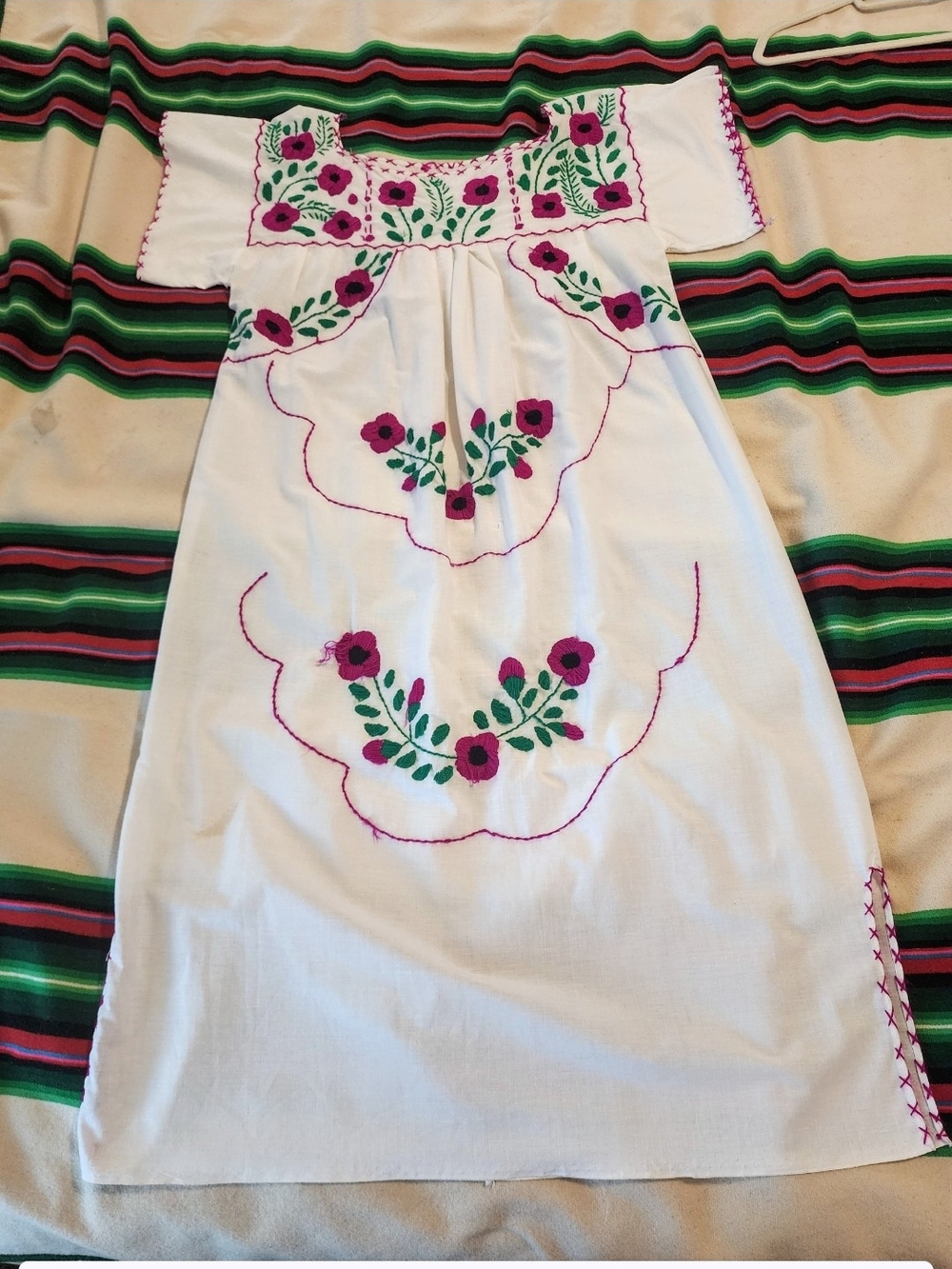 Vintage Hand-Embroidered White Mexican Dress with Pink Floral Accents